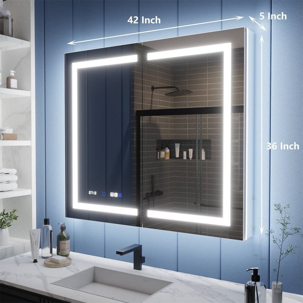 Illusion-B 42" x 36" LED Lighted Inset Mirrored Medicine Cabinet with Magnifiers Front and Back Light Image 2