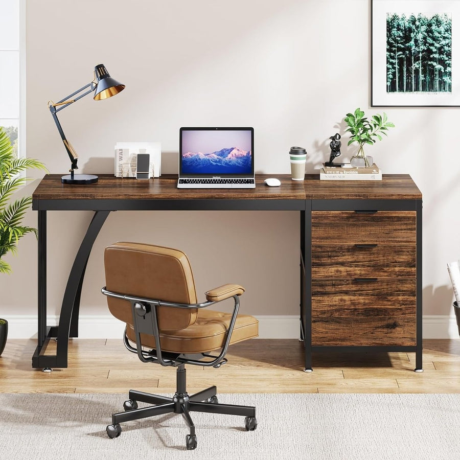 Tribesigns 59 Inch Computer Desk with 3 Reversible Drawers Industrial Style Brown Image 1