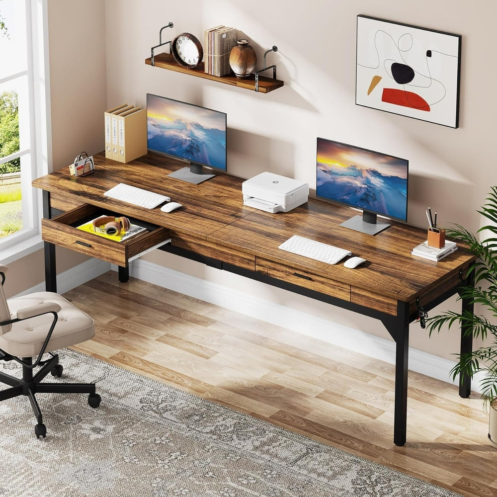 Tribesigns 78.7" Double Desk Rustic Large Computer Office Desk with 2 Drawers Image 2