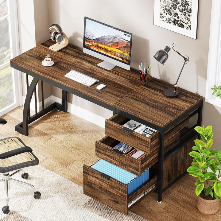 Tribesigns 59 Inch Computer Desk with 3 Reversible Drawers Industrial Style Brown Image 4