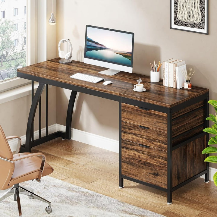 Tribesigns 59 Inch Computer Desk with 3 Reversible Drawers Industrial Style Brown Image 3