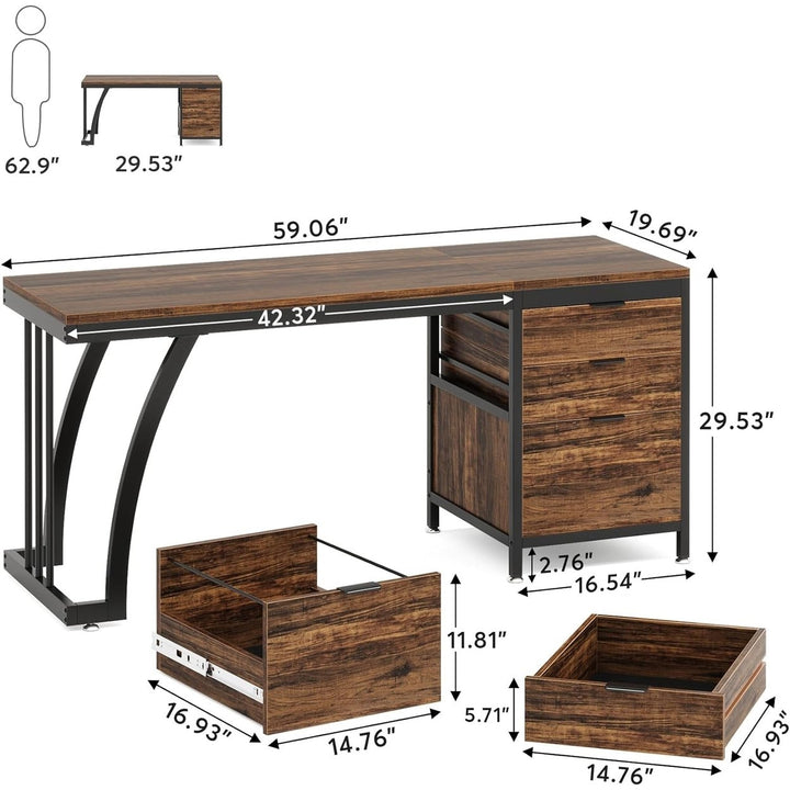 Tribesigns 59 Inch Computer Desk with 3 Reversible Drawers Industrial Style Brown Image 6