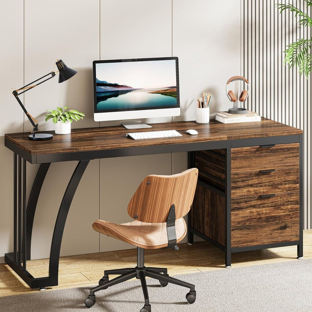 Tribesigns 59 Inch Computer Desk with 3 Reversible Drawers Industrial Style Brown Image 2