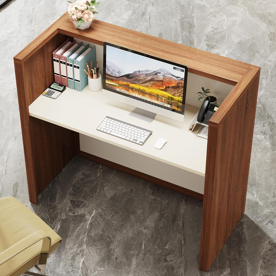 Tribesigns Modern Reception Desk 47 Inch Brown and Khaki Retail Counter Image 1