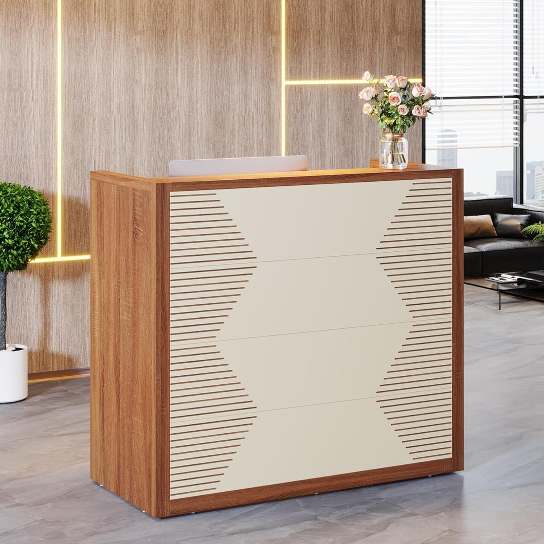 Tribesigns Modern Reception Desk 47 Inch Brown and Khaki Retail Counter Image 2