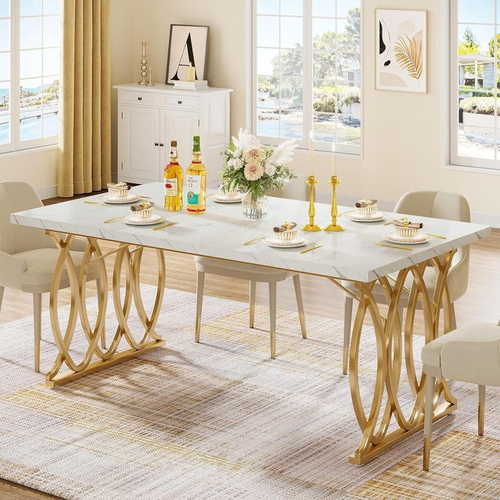 Tribesigns 63" Modern Dining Table White Faux Marble Gold Frame for 4-6 People Image 1