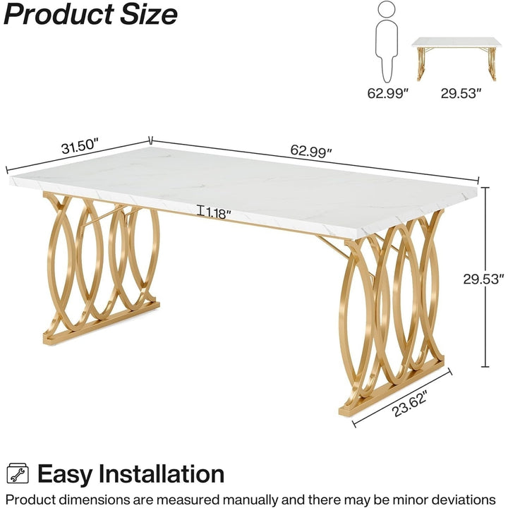 Tribesigns 63" Modern Dining Table White Faux Marble Gold Frame for 4-6 People Image 2