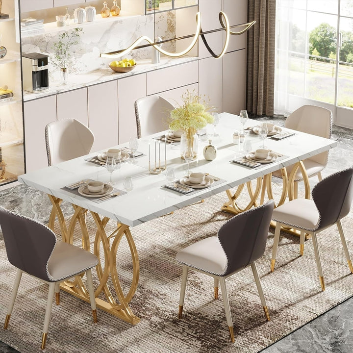 Tribesigns 63" Modern Dining Table White Faux Marble Gold Frame for 4-6 People Image 3