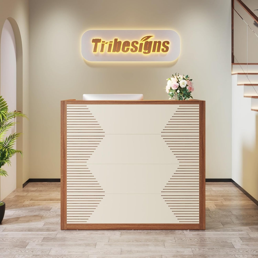 Tribesigns Modern Reception Desk 47 Inch Brown and Khaki Retail Counter Image 5