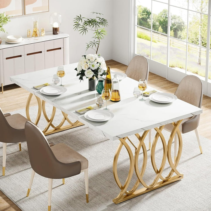 Tribesigns 63" Modern Dining Table White Faux Marble Gold Frame for 4-6 People Image 5