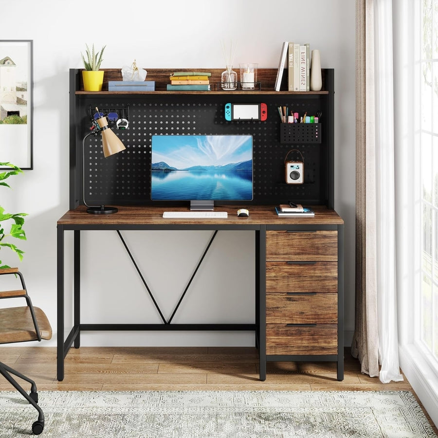 Tribesigns Computer Desk with 4 Drawers, 47 Inches Home Office Desk with Hutch and Storage, Industrial Gaming Desk PC Image 1