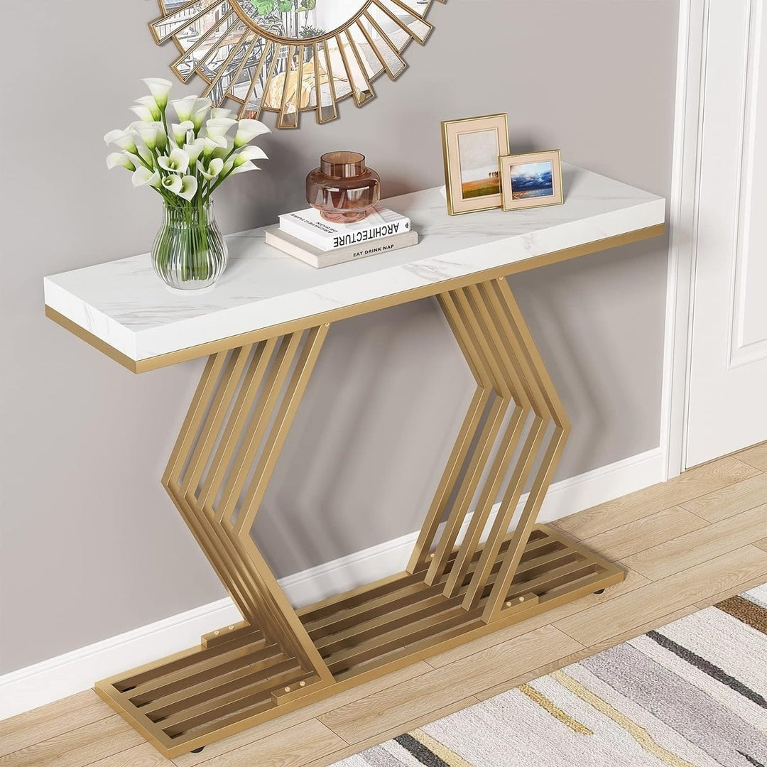 Tribesigns 42 Inch Gold Console Table White Faux Marble Geometric Metal Base Image 1