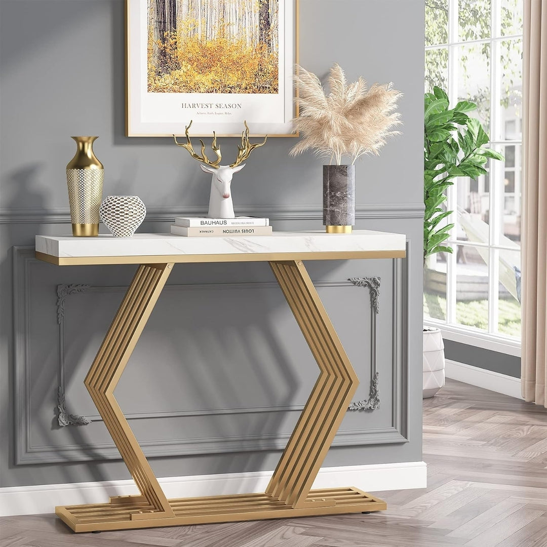 Tribesigns 42 Inch Gold Console Table White Faux Marble Geometric Metal Base Image 2