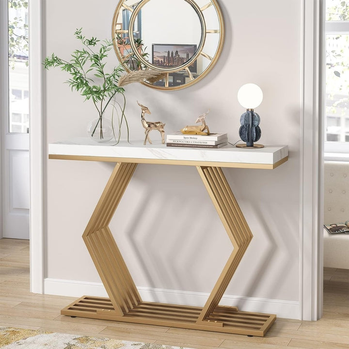 Tribesigns 42 Inch Gold Console Table White Faux Marble Geometric Metal Base Image 3