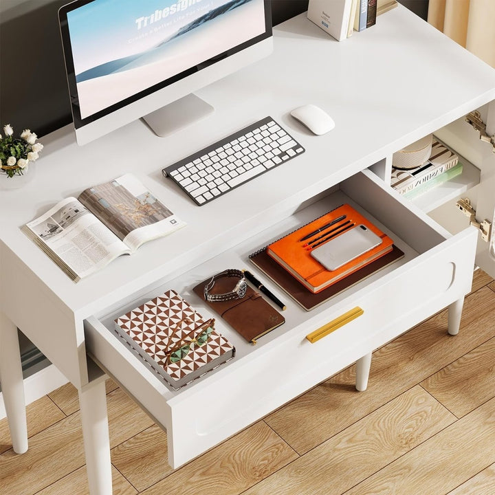 Tribesigns 43" White Computer Desk with Large Drawers and 2-Tier Storage Cabinet, Modern Home Office Desk Image 3