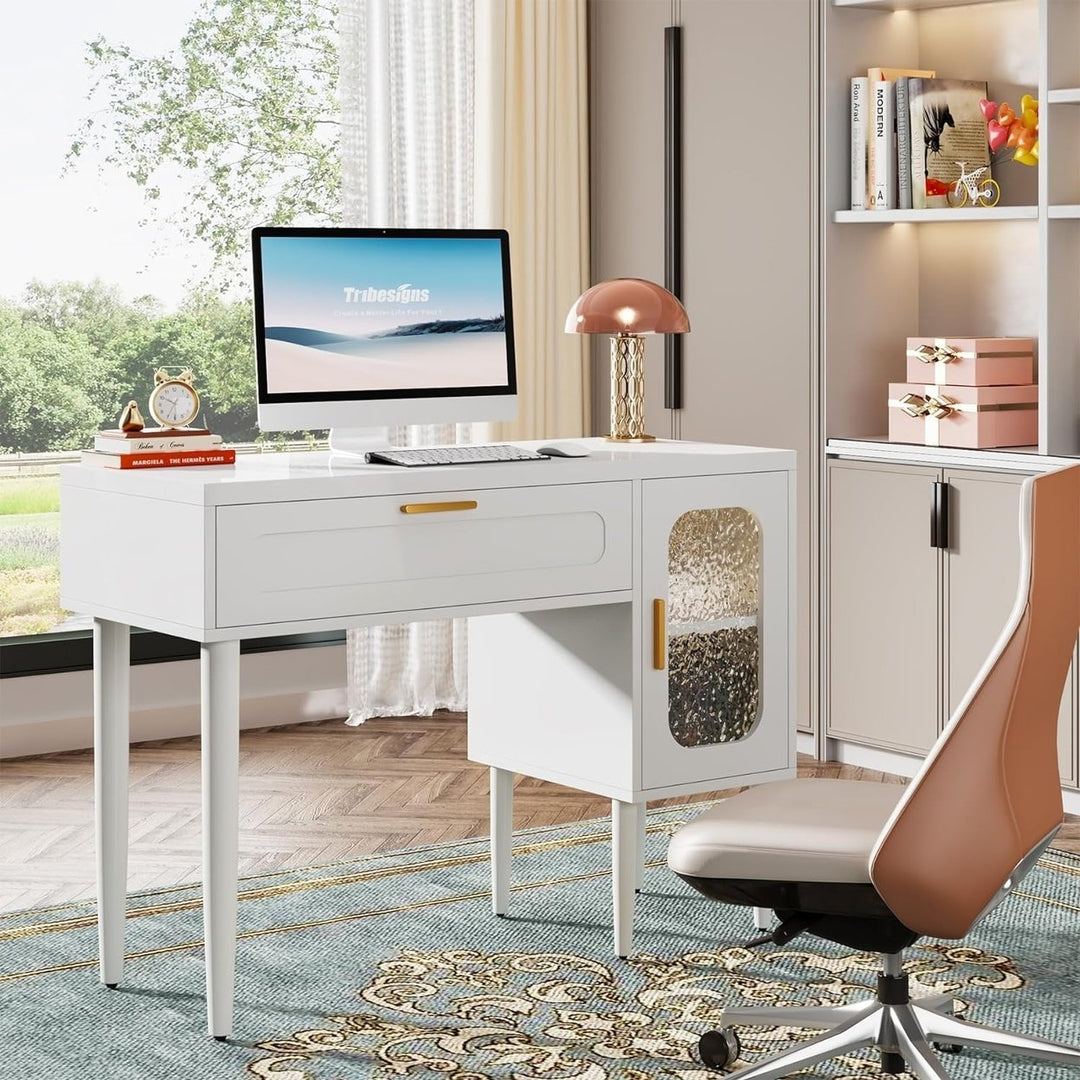 Tribesigns 43" White Computer Desk with Large Drawers and 2-Tier Storage Cabinet, Modern Home Office Desk Image 1