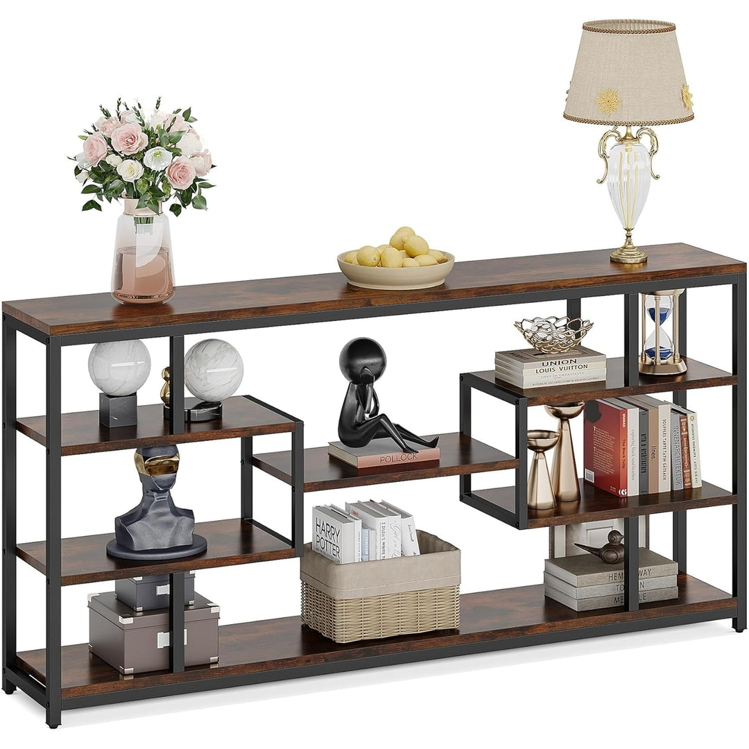 Tribesigns 70.87" Narrow Sofa Table Console Vintage Wood Black Metal 5-Tier Shelves Image 5