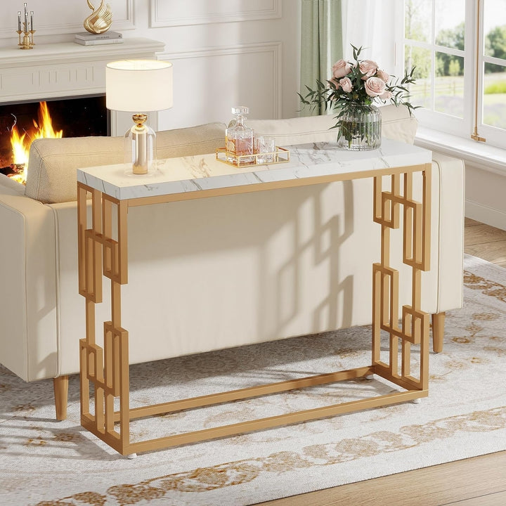 Tribesigns Gold Console Table 42.5" White Faux Marble Modern Sofa Table Image 2