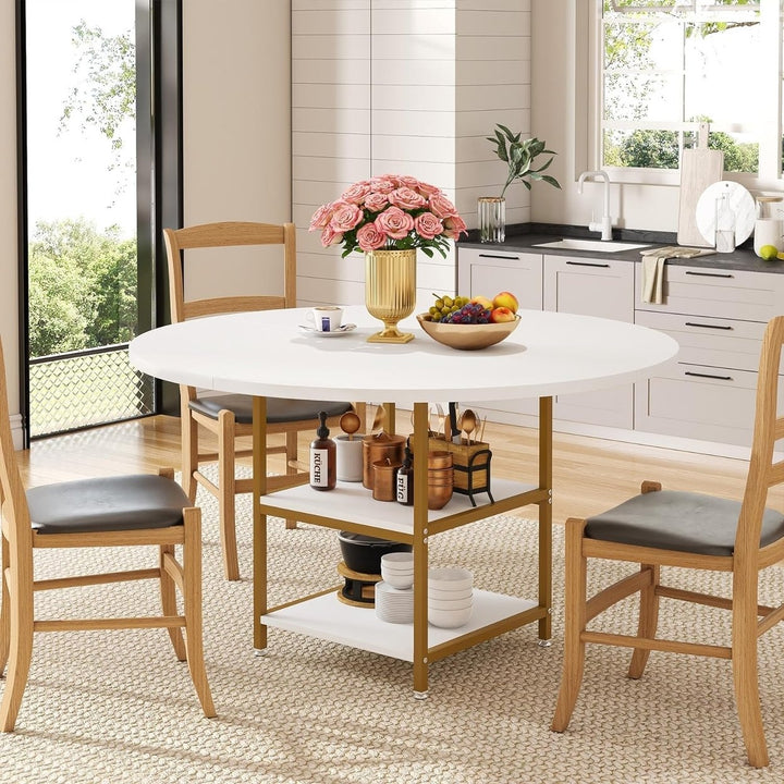 Tribesigns 47 Inch Round Dining Table White Wood Top Golden Legs with Storage Shelves Image 3