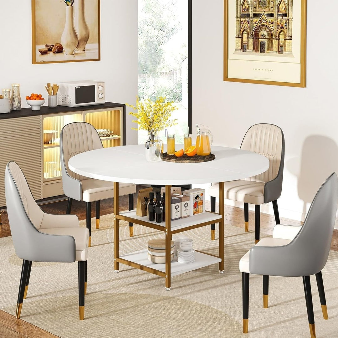 Tribesigns 47 Inch Round Dining Table White Wood Top Golden Legs with Storage Shelves Image 6