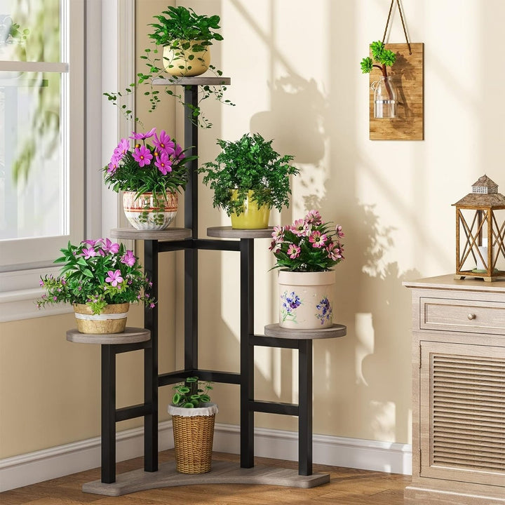 Tribesigns 6 Tier Corner Plant Stand Black Metal and Wood Indoor Display Rack Image 1