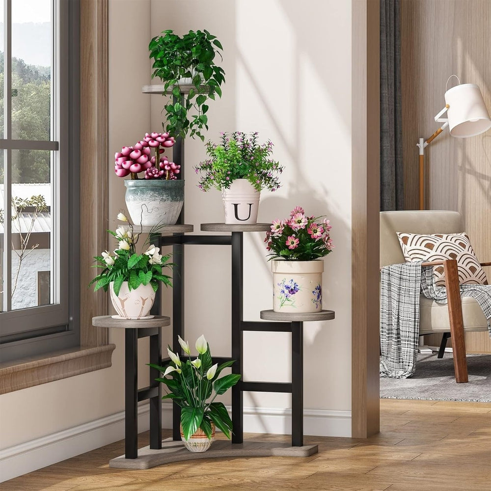 Tribesigns 6 Tier Corner Plant Stand Black Metal and Wood Indoor Display Rack Image 2