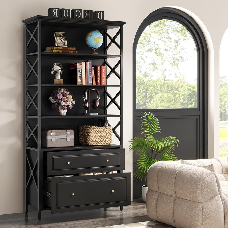 Tribesigns 6-Tier Bookcase with 2 Drawers Tall Narrow Dark Grey Black Shelf Image 1