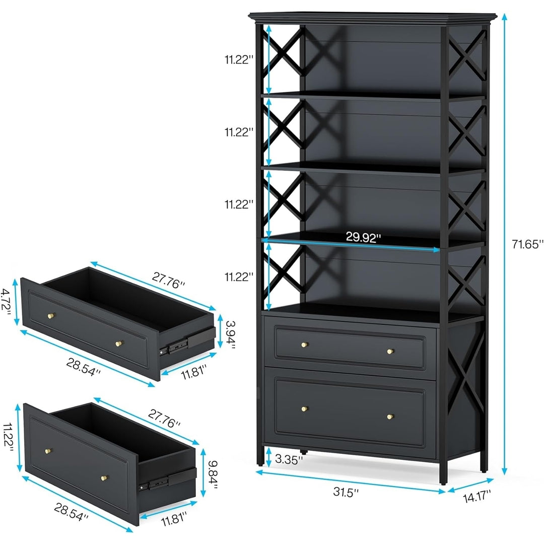 Tribesigns 6-Tier Bookcase with 2 Drawers Tall Narrow Dark Grey Black Shelf Image 6