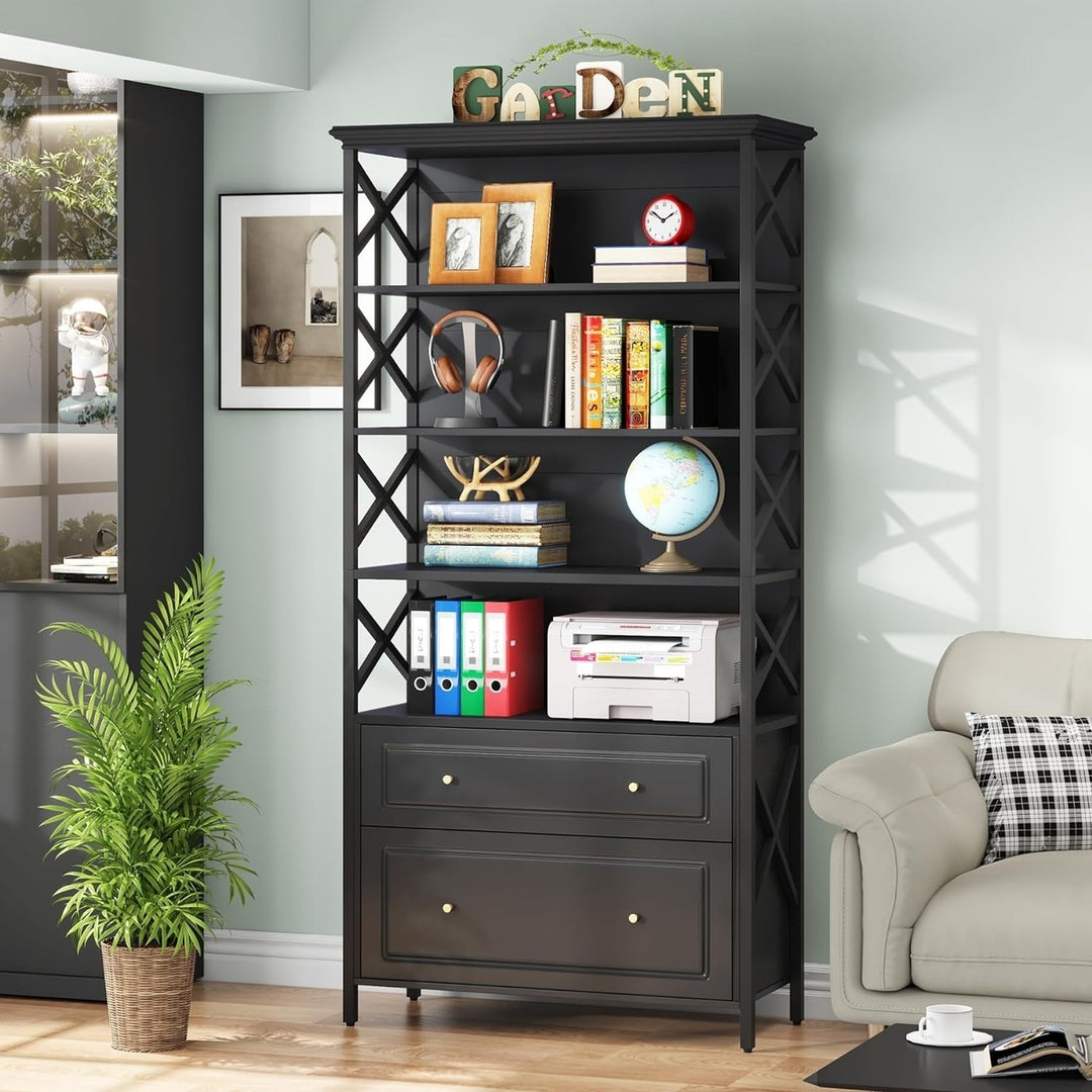 Tribesigns 6-Tier Bookcase with 2 Drawers Tall Narrow Dark Grey Black Shelf Image 3