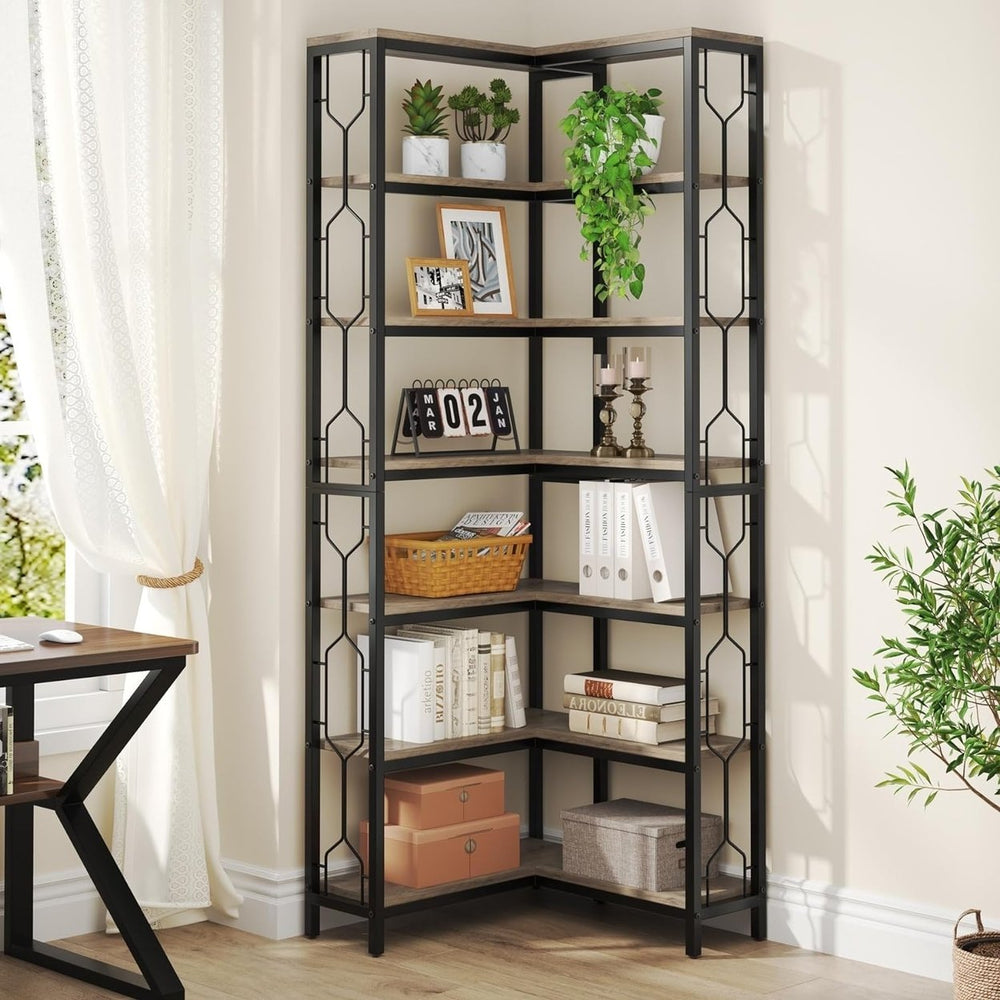 Tribesigns 7-Tier Industrial Corner Shelf Wood Metal Corner Bookcase Etagere Image 2