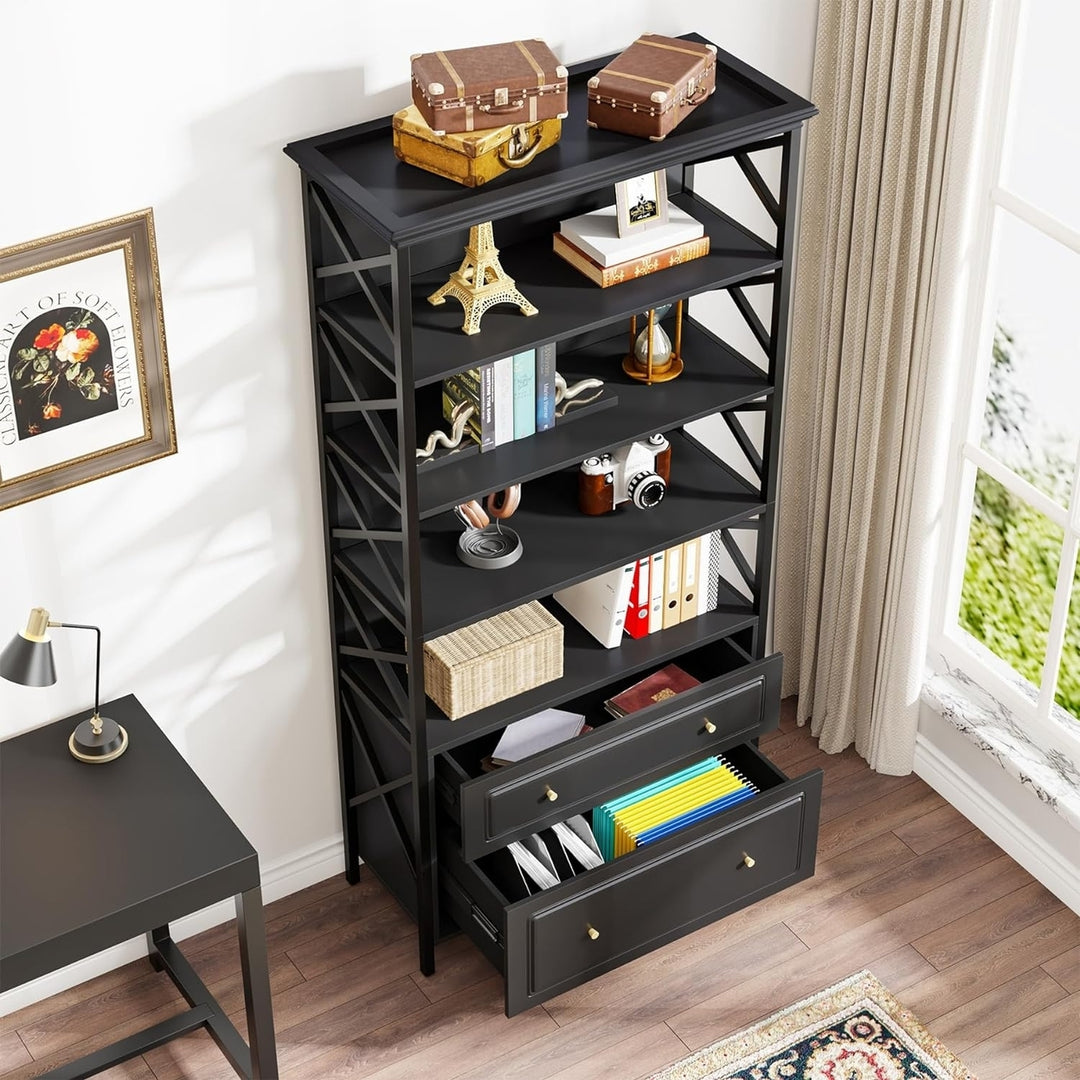 Tribesigns 6-Tier Bookcase with 2 Drawers Tall Narrow Dark Grey Black Shelf Image 4