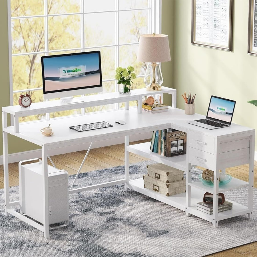 Tribesigns 55in Reversible L Shaped Desk White with Drawer and Storage Shelves Image 1