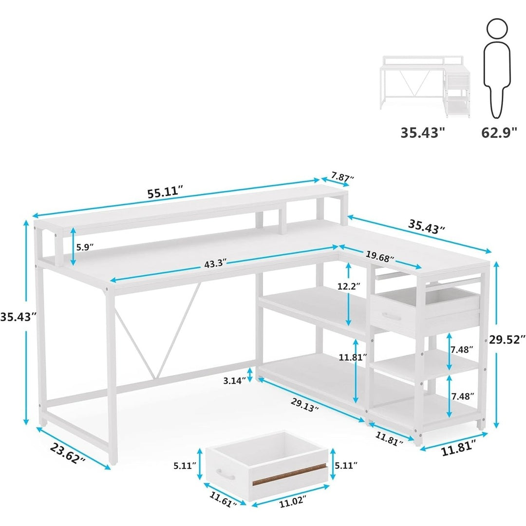 Tribesigns 55in Reversible L Shaped Desk White with Drawer and Storage Shelves Image 4