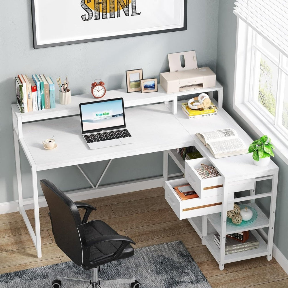 Tribesigns 55in Reversible L Shaped Desk White with Drawer and Storage Shelves Image 2