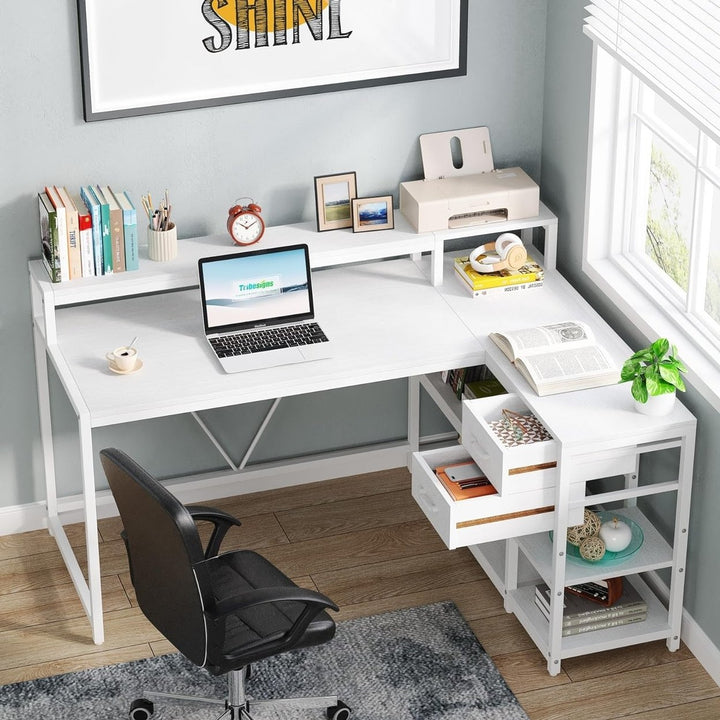 Tribesigns 55in Reversible L Shaped Desk White with Drawer and Storage Shelves Image 2