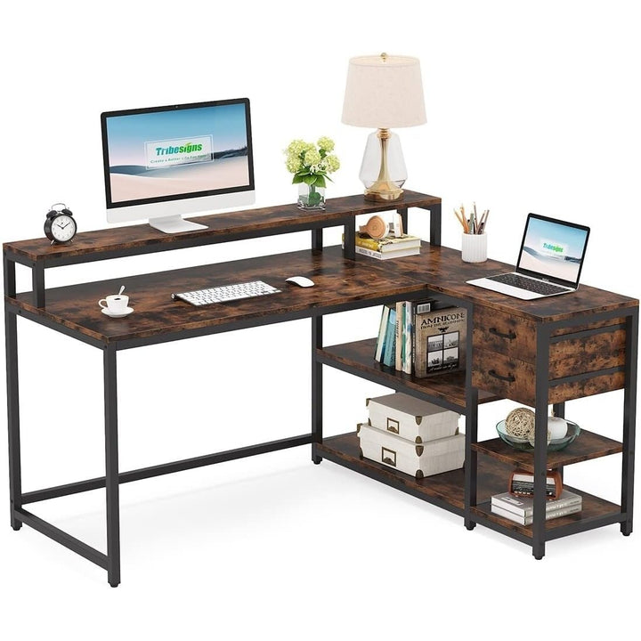 Tribesigns 55in Reversible L Shaped Desk White with Drawer and Storage Shelves Image 7