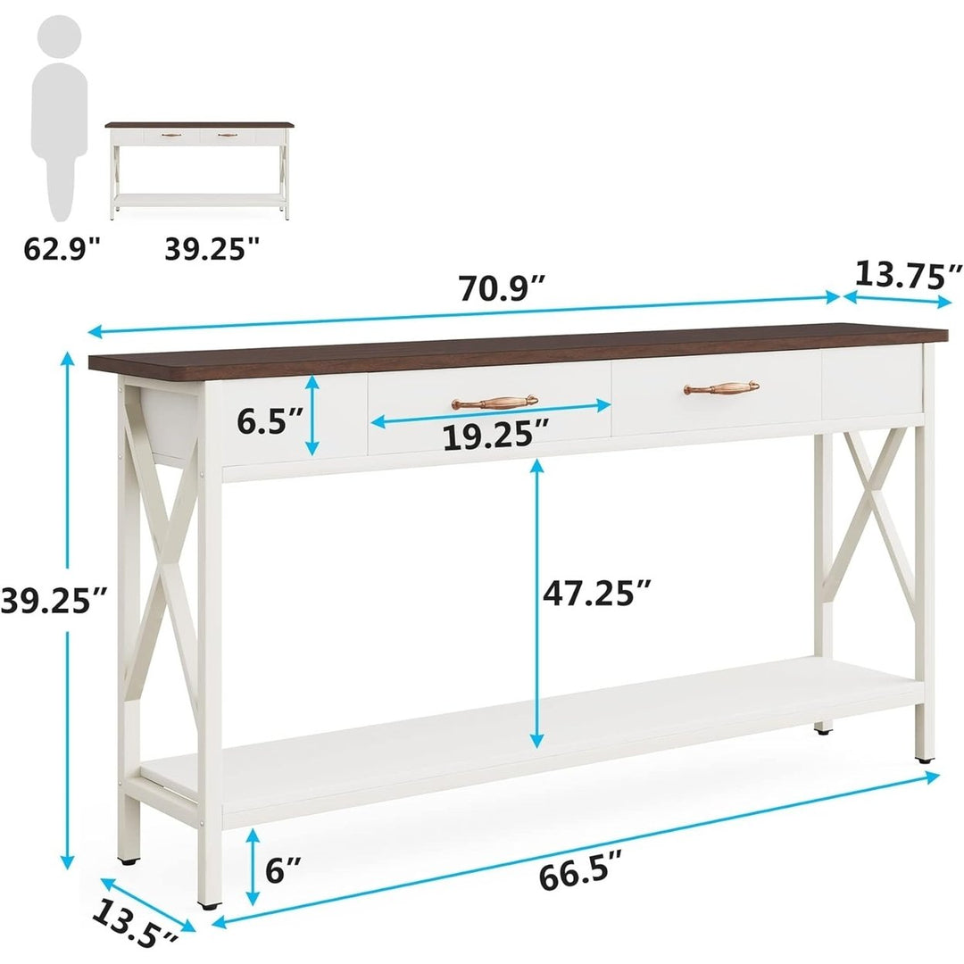 Tribesigns 70.9 Inch Console Table White and Dark Walnut with 2 Drawers Metal Frame Image 6