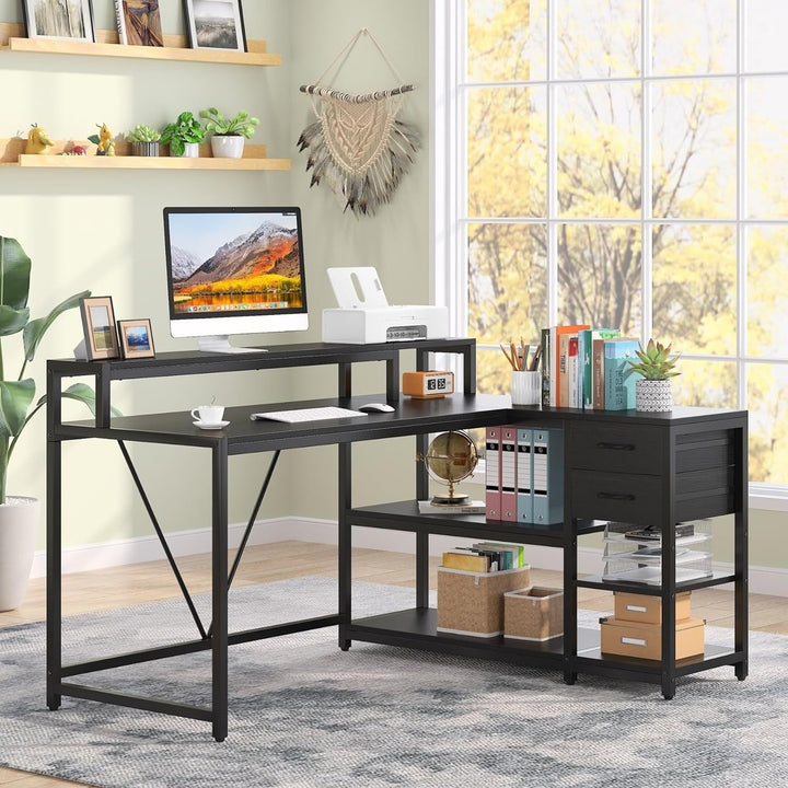 Tribesigns 55in Reversible L Shaped Desk White with Drawer and Storage Shelves Image 11