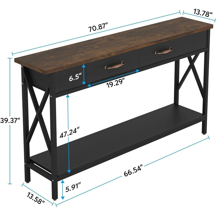 Tribesigns 70.9 Inch Console Table White and Dark Walnut with 2 Drawers Metal Frame Image 12