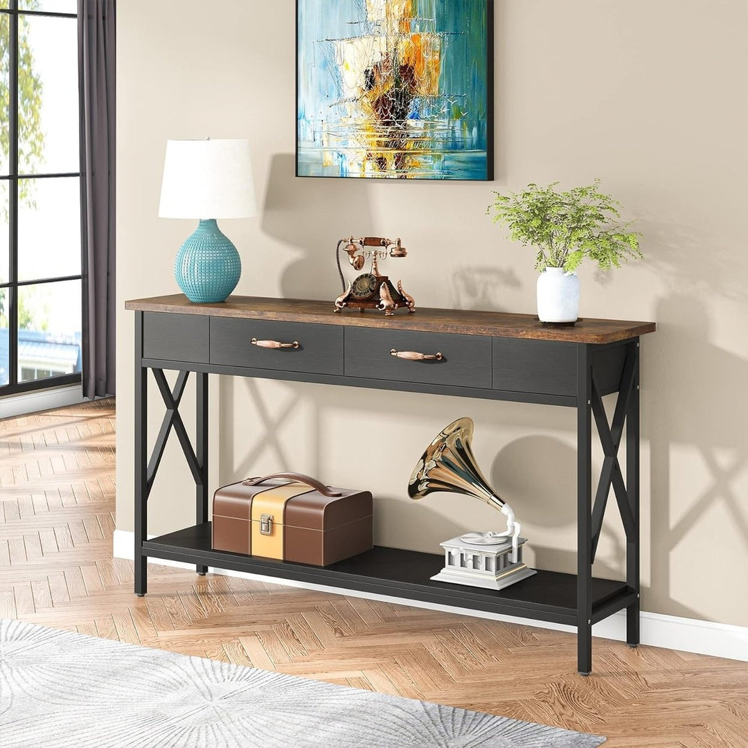 Tribesigns 70.9 Inch Console Table White and Dark Walnut with 2 Drawers Metal Frame Image 8