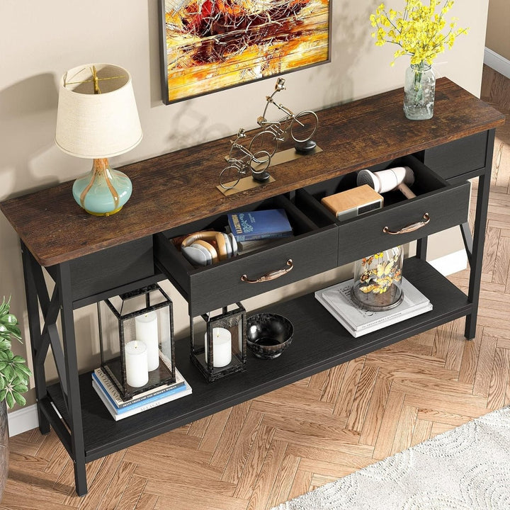 Tribesigns 70.9 Inch Console Table White and Dark Walnut with 2 Drawers Metal Frame Image 9