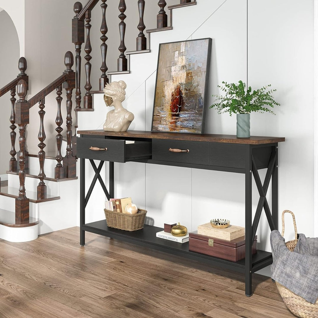 Tribesigns 70.9 Inch Console Table White and Dark Walnut with 2 Drawers Metal Frame Image 10