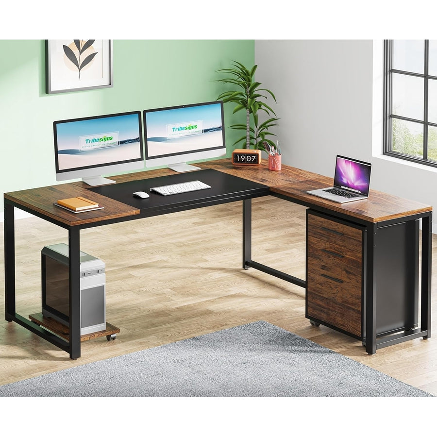 Tribesigns 63" L-Shaped Computer Desk with Mobile File Cabinet, Large Executive Office Desk with 3-Drawer Image 1