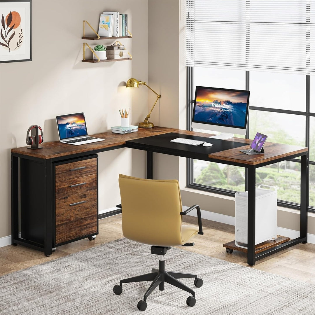 Tribesigns 63" L-Shaped Computer Desk with Mobile File Cabinet, Large Executive Office Desk with 3-Drawer Image 3