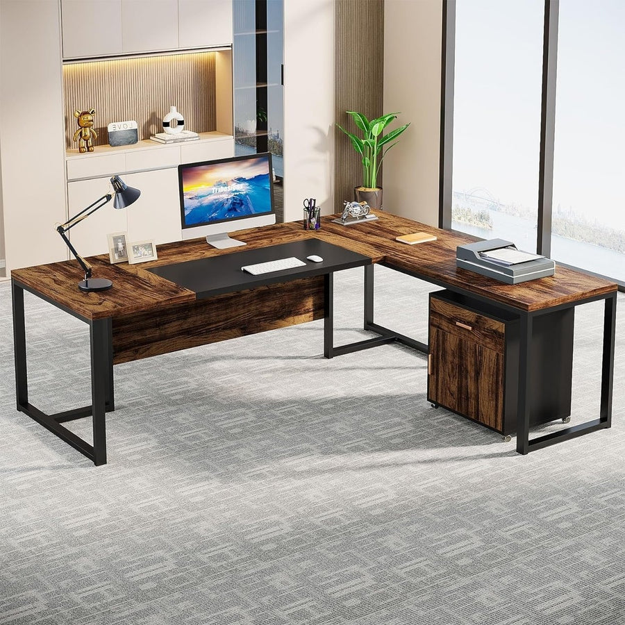 Tribesigns 70.8" L-Shaped Executive Desk with Mobile File Cabinet Rustic Black Image 1