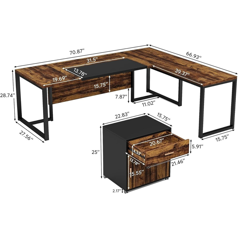 Tribesigns 70.8" L-Shaped Executive Desk with Mobile File Cabinet Rustic Black Image 2