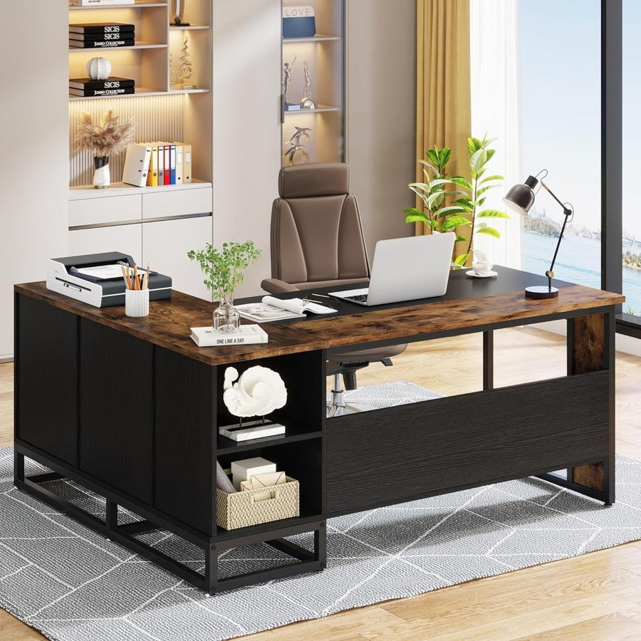 Tribesigns 63" L-Shaped Executive Desk Rustic Large Office Desk with Drawers Image 1