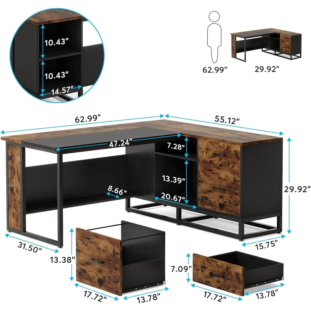 Tribesigns 63" L-Shaped Executive Desk Rustic Large Office Desk with Drawers Image 2