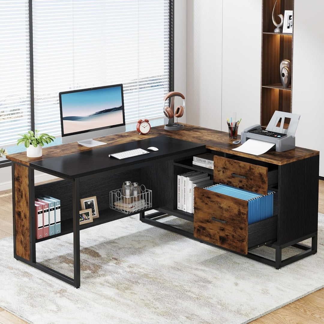 Tribesigns 63" L-Shaped Executive Desk Rustic Large Office Desk with Drawers Image 3