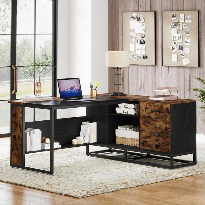 Tribesigns 63" L-Shaped Executive Desk Rustic Large Office Desk with Drawers Image 4